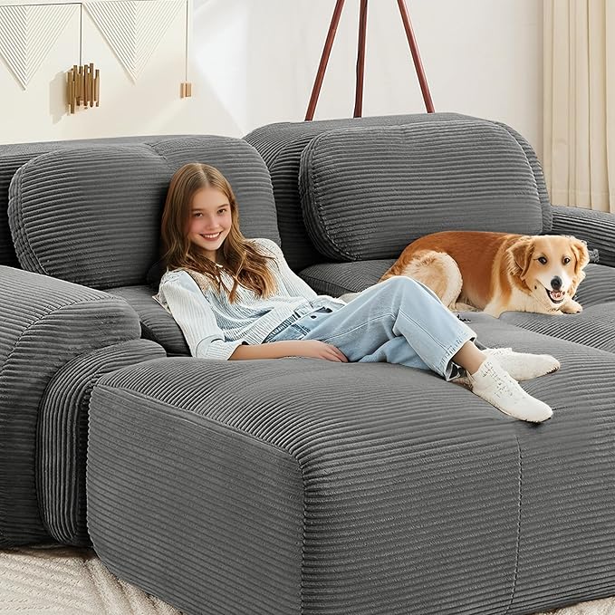 SoarFlash 117" Modern L-Shaped Modular Sectional Sofa for Living Room, Corduroy Upholstery Oversized 3-Seater Couch with Deep Seat and Movable Ottoman-No Assembly, Grey