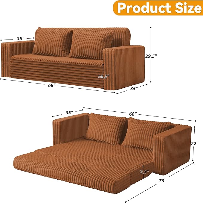 HABUTWAY Folding Sofa Bed, 2 in 1 Convertible Sleeper Chair with 2 Pillows, Portable Fold Out Chair Bed with Armrest, Comfy Floor Couch, Lazy Sofa for Living Room Bedroom Dorm Home Office, Caramel