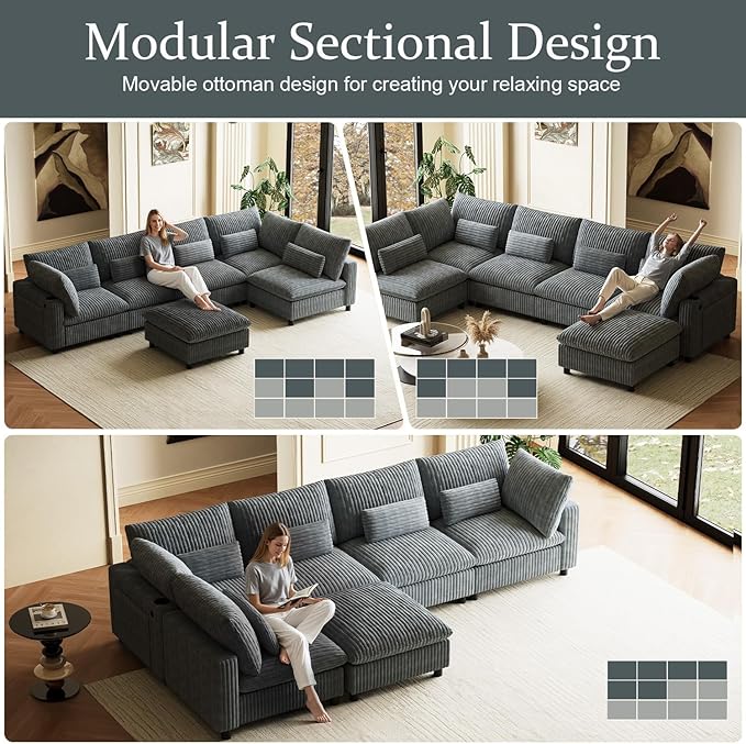 130" W x 67" D U Shape Sectional Sofa with USB Charging & Cup Holder & Storage, 6 Seater Plush Corduroy Couches with Movable Ottoman, Cloud Couch Sofas for Living Room, DIY Combination - Dark Grey