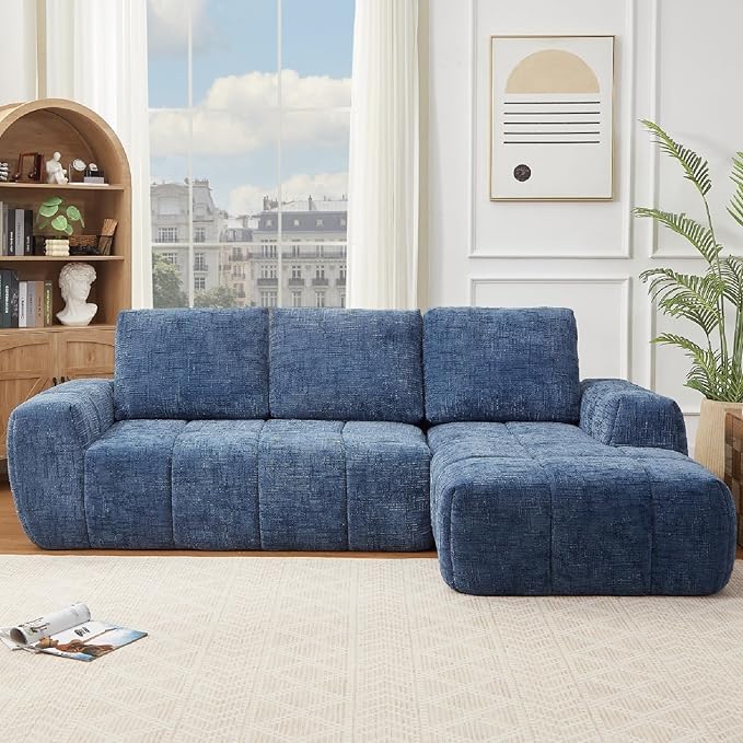 KEIKI Sectional Chenille Floor Sofa, Convertible L-Shaped Boneless Cloud Sleeper Couch with Chaise Lounge, Space Saving Modular Futon Couches Bed for Living Room Bedroom, No Assembly Required, Blue