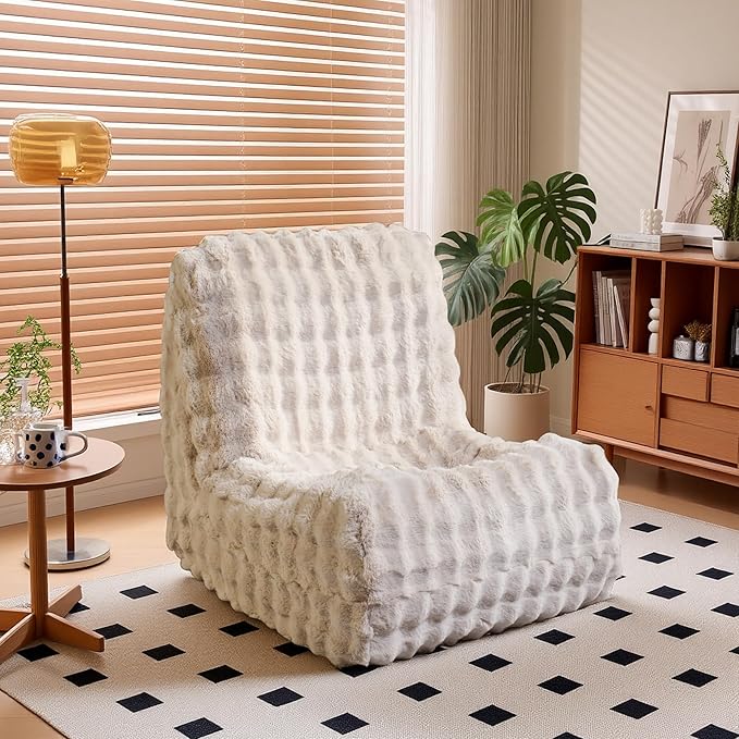 Bean Bag Chair for Adults, Lovely Bean Bag Chair with Plush Faux Fur, Lazy Floor Sofa, Comfy Reading Nook Chairs, Couch Single Sofa for Living Room Bedroom Office (Beige)