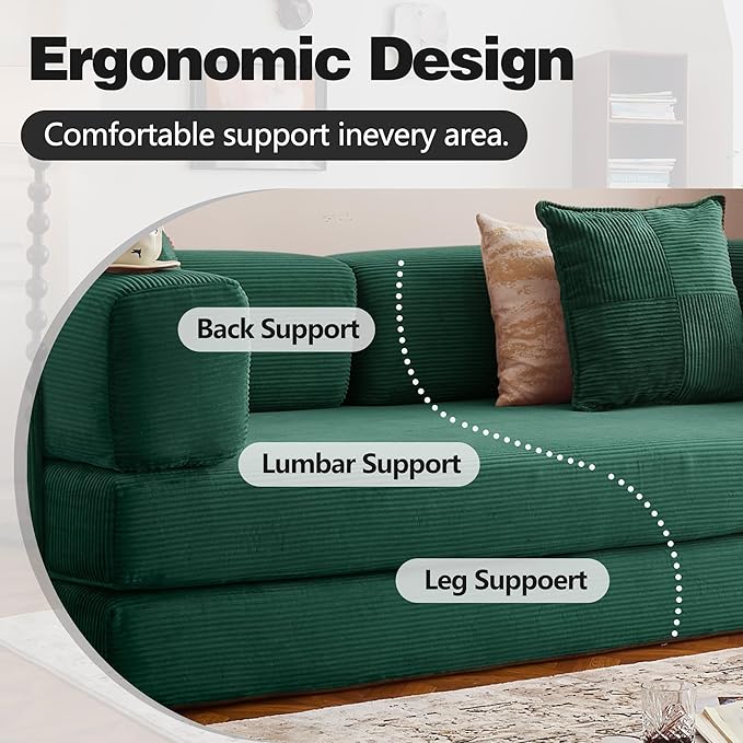 LIAROO 78.8" Convertible Sofa Bed -Compression Sofa with Corduroy Fabric - with Armrests and Backrest - Modular Sectional for Living Room, Bedroom, Studio - Compression Sofa in Box (Emerald Green)