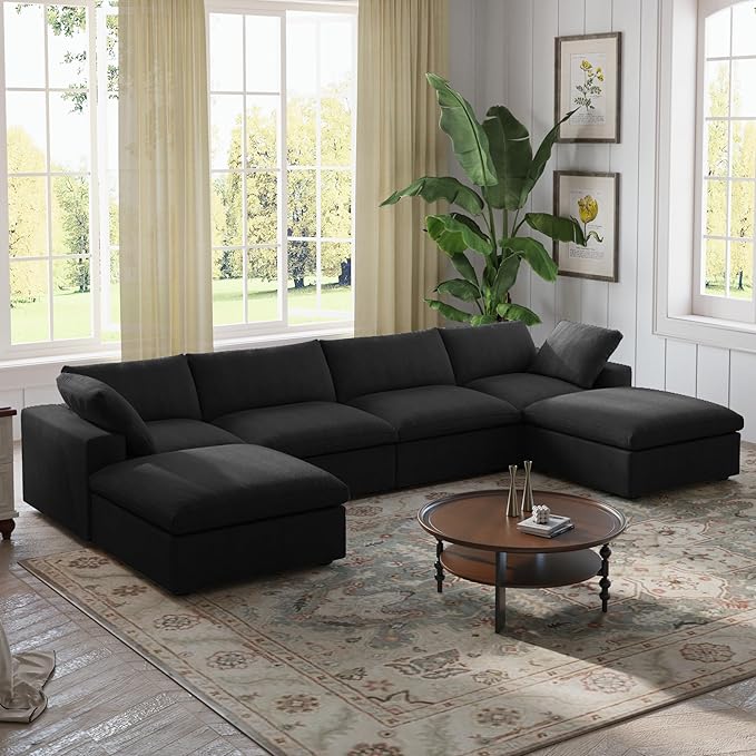 WJShome Cloud Modular Sectional Sofa with 2 Storage Ottomans,160.6" Down Filled U Shaped Sofa Couch for Living Room,6 Seater Minimalist Wide Deep Seat Convertible Couches for Office Apartment,Black