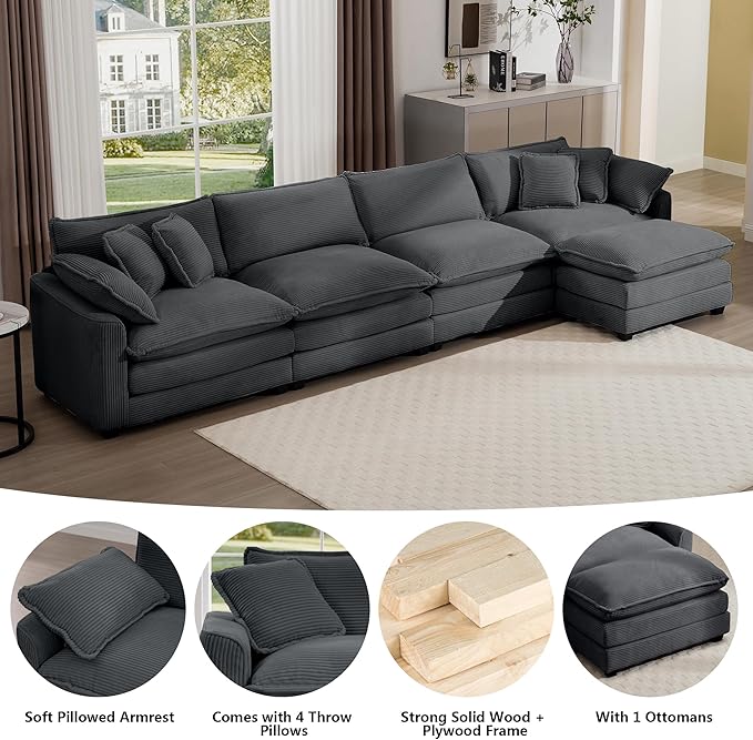 Aoowow Corduroy 4 Seater Cloud Couch with Ottoman,Modern Cloud Couches for Living Room,Modular Sectional Cloud Sofas with Deep Seat,Oversized Tufted L-Shaped Sofa Set. (Grey, 4 Seater + 1 Ottoman)