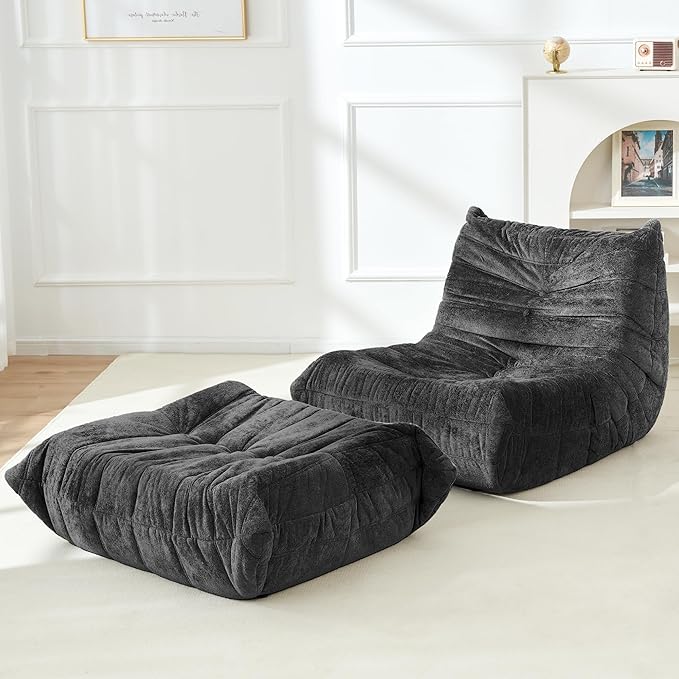 Homguava Giant Bean Bag Chairs for Adults, Memory Foam BeanBag Fireside Chair Bean Bag, Lazy Floor Sofa with High-Rebound Foam, Sofa Couch for Living Room Bedroom Dorm Office (Grey, Footrest)