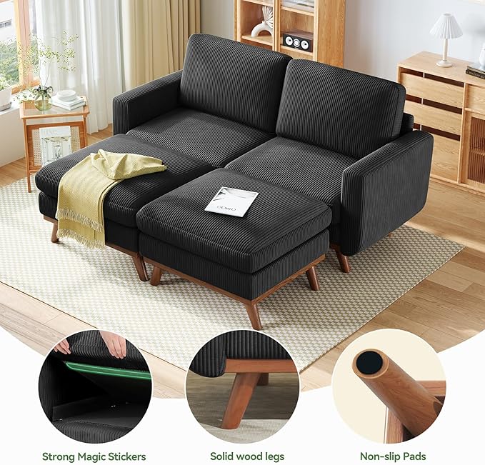 Vesgantti 68" Loveseat Sofa with Movable Ottoman, Comfy Corduroy Couch with Spring Cushion, Sofa Couch with Solid Wood, Modern Office Sofa with Deep Seat for Living Room and Bedroom, Black