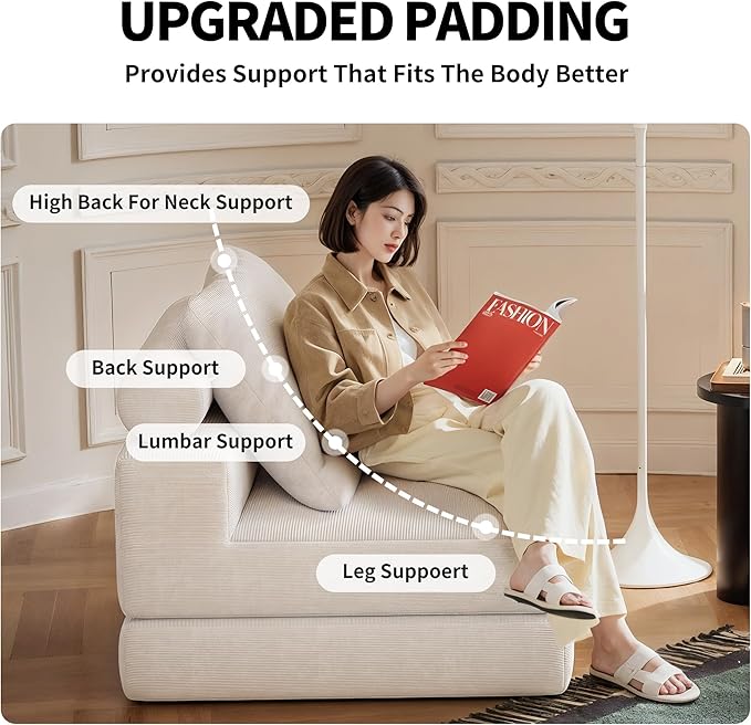 Folding Sofa Bed – Convertible Sleeper Chair Bed with Pillows/Single Floor Couch/Small Futon Couch Filled with High-Density Foam for Lounge, Guest Room or Office (White)