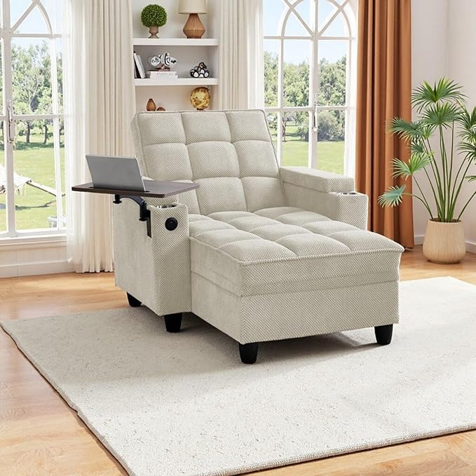 oaaktu Single Modern Comfy Upholstered Chaise Lounge Sofa Chair with Rotating Side Table,Storage,Pillow,USB Charging Ports and Adjustable Backrest Perfect for Living Room, Small Spaces (Beige)