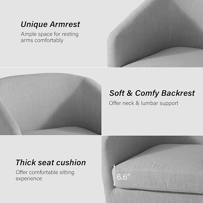 Swivel Barrel Chair, Modern Round PU Leather Accent Armchair for Living Room, Bedroom, Oversized Comfy Club Reading Chairs for Adults (Fabric Light Grey, Set of 1)