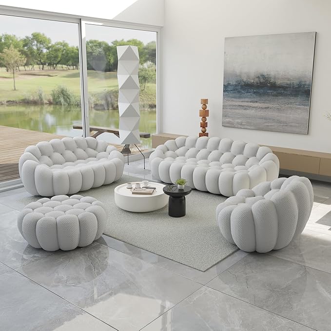 JACH Bubble Sofa Curved Couch Set, Comfy Upholstered Sofa, Mesh Fabric 3D Honeycomb Shape Modern Couches for Living Room, Apartment (Light Grey, 1 Seater, 2 Seater, 3 Seater, Ottoman)