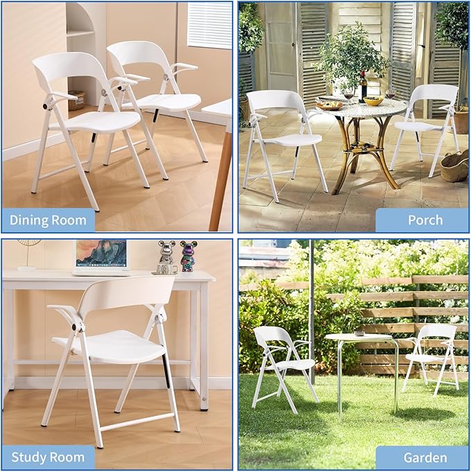 KAIHAOWIN 2 Pack Plastic Folding Chair with Armrest, Heavy Duty Foldable Chairs with Steel Frame Commercial Stackable Guest Chairs for Indoor and Outdoor-White