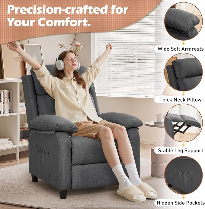 Recliner Chair, Living Room Chairs for Adults, Padded Deep Seat Reading Chair with Side Pockets, Small Recliners for Small Spaces, Lounge Chair for Living Room, Bedroom, and RV (Linen)