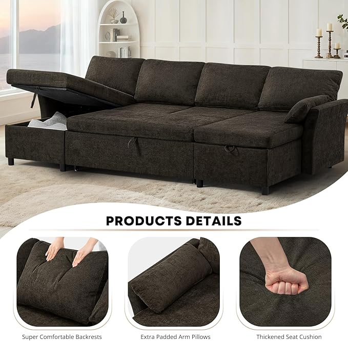 ACMEASE 107 Inches Fabric Sectional Sofa with Pull Out Sofa Bed, Modern U Shaped Sofa with Throw Pillows, Comfortable Sleeper Couch with Storage Chaise for Living Room, Brown