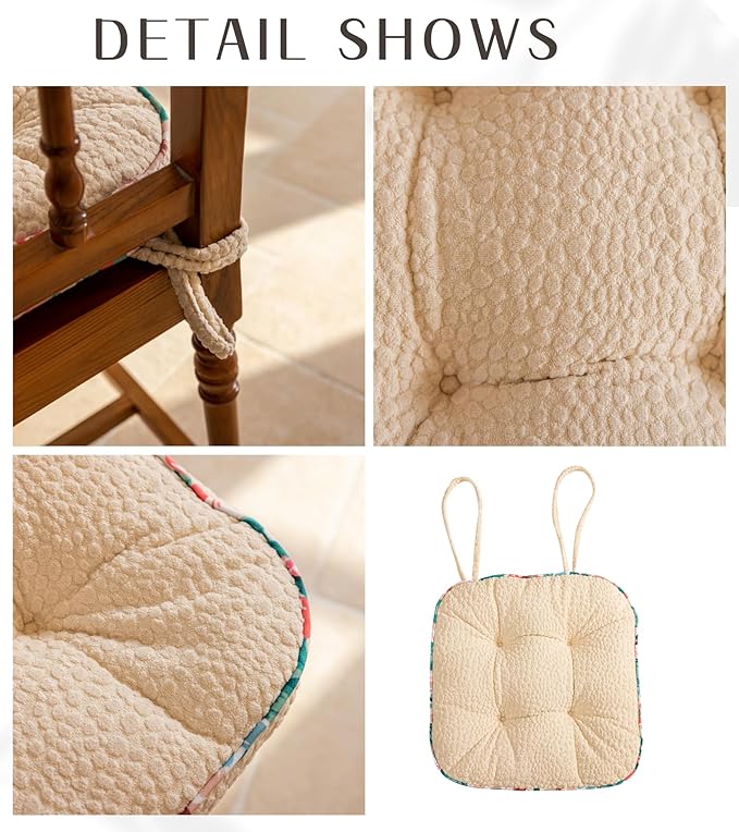 Soft Comfort Chair Pads with 3D Dots Pattern Jacquard Warm Square Chair Cushion with Ties Thicken Non-Slip Floor Pillow Fluffy Seat Cushion for Office Dining Kitchen (White,15"x15")