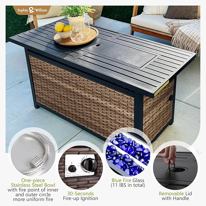 Sophia & William Patio Furniture Set with 56" Fire Pit Table & Swivel Chairs, 9 Piece Outdoor Sectional Furniture Wicker Modular Sofa Couch, Conversation Set for Deck Backyard Lawn, Beige