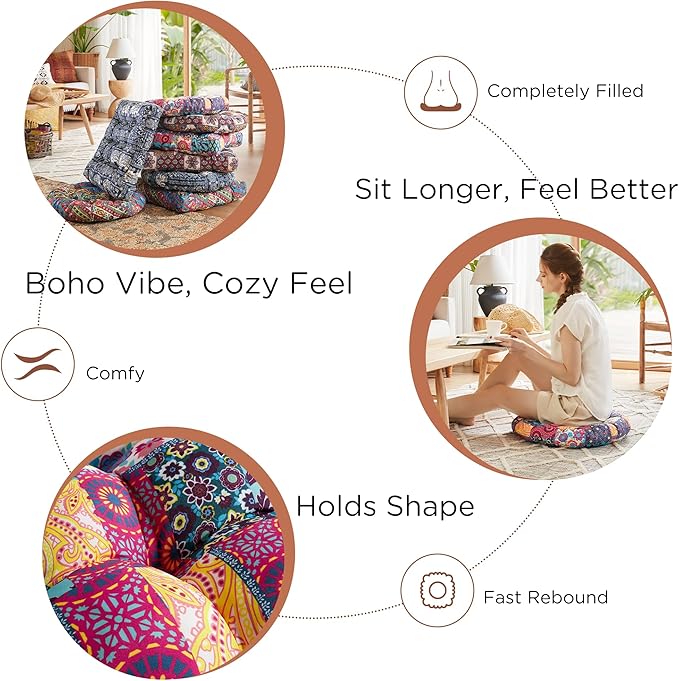 Codi Meditation Floor Pillow Set of 2, Boho Pillows Seating for Adults and Kids, Large Cushion for Yoga Living Room Tatami Sitting, Memory Foam Added, 22x22 Inch, Round Multi Patchwork