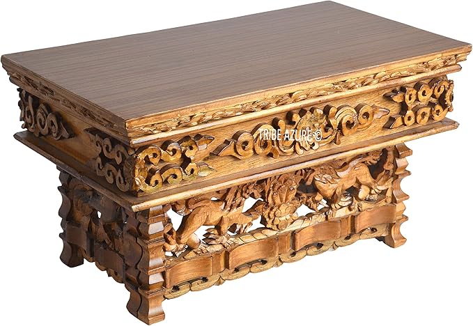 Tribe Azure Fair Trade Small Snow Lion Altar Table, Hand Carved Wooden Table with Majestic Garuda, 16 in x 9 in x 9 in