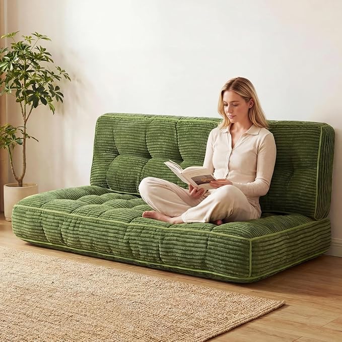 Vercraft 63 Inch Folding Bench Cushion, 4 Inch Thick 2-in-1 Convertible Long Floor Lounger Boneless Cushions Couch Mattress Upholstered for Yoga, Reading, Sleeping, Meditation Living Room(Dark Green)