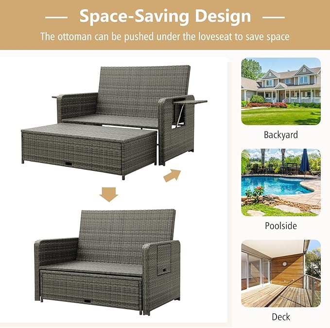 RELAX4LIFE Wicker Patio Outdoor Daybed - Rattan Day Bed Lounger w/Loveseat & Storage Ottoman, Sunbed Sofa Set w/Cushions, 4-Level Adjustable Backrest & 2 Retractable Trays, Patio Daybed (Beige-Grey)