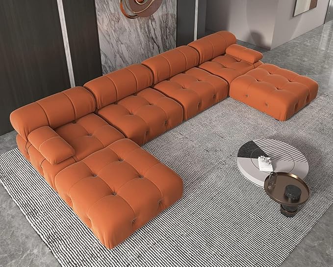JACH U-Shaped Modular Sectional Couch, 138"" Minimalist Velvet Sofas, Convertible Couches, Mid-Century Modern Sectional Sofa with Chaise Ottomans for Living Room Apartment (Orange), 105OR-U-U