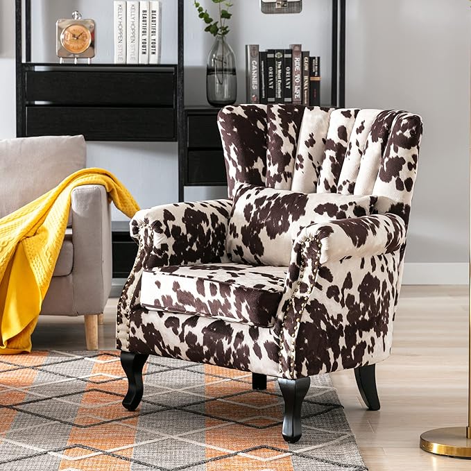 chairus Mid-Century Modern Accent Chair Comfy Single Sofa Chair Channel Back Armchair with Small Pillow for Living Roon Bedroom Club - Velvet, Cow