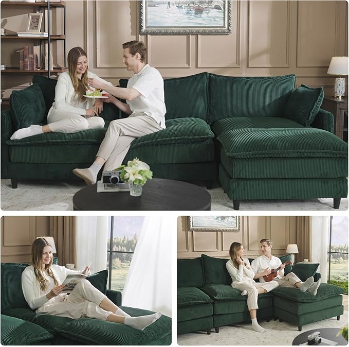 Apicizon 143" Cloud Souch Sectional, 4-Seat Deep Sofa Couch with Ottoman, Modern U Shape Sectional Cloud Sofa Corduroy for Living Room, Apartment, Office, Green