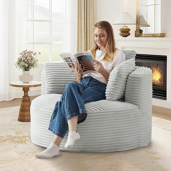 48"W Oversized Round Chaise Longue Chair Indoor,Corduroy Fluffy Comfy Cloud Chair,Circle Bean Bag Sofa with Foam Filling & Pillows,Boneless Reading Cozy Sofa Chairs for Living Room,Bedroom,Light Grey