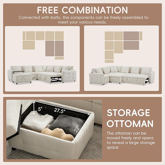 Furnimart Oversized Modular Sectional Pull-Out Sofa with Flip-up Table Panel, Reading Lamp, Charging Ports, Movable Storage Ottoman, Tufted Design, 6 Pillows, Free Combination, Chenille Beige