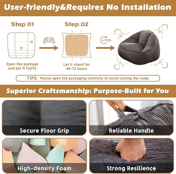 Giant Bean Bag Chair for Adults, Teens and Kids, Cozy Fluffy Corduroy Beanbag Chair with Filler, Large Floor Lounge Sofa for Living Room, Bedroom, Dorm, Gaming and Reading（L-Dark Grey）