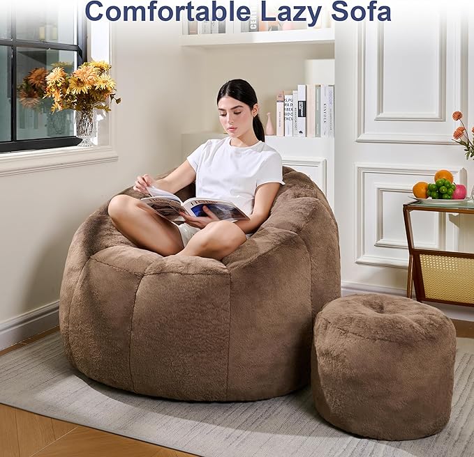 Pumpkin Shaped Bean Bag Chair with Ottoman, Gaint Bean Bag Chair for Adults, Faux Rabbit Fur Comfy BeanBag Floor Sofa Chair for Reading, Playing, Relaxing, Brown