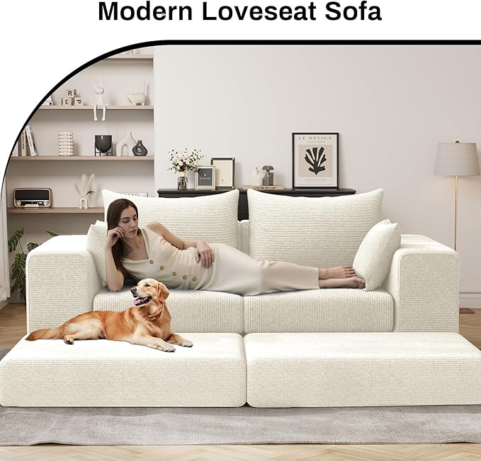 DAMAIFROM 80" Convertible Sleeper Sofa Bed with Soft Pillow, Corduroy Folding Mattress Couch with L-Shape Chaise, Modular Floor Sofa Lounge Couch for Living Room Bedroom Lounge (Beige White)