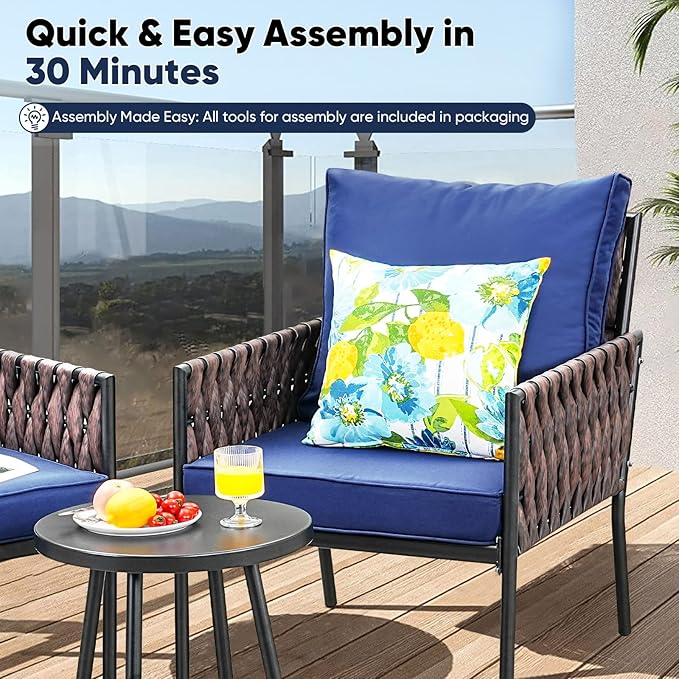 SunloungeCo Patio Furniture Set, 3-Piece Wider Outdoor Metal Seating Sofa with High Back, Coffee Ta ble, All Weather Rattan Conversation for Garden,Backyard, Poolside-Navy