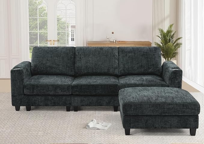 Lesofair 87" Chenille Sectional Sofa with Movable Ottomans, Modular L-Shape Couch with Cup Holders, Convertible 3 Seater Sofa with Well-Filled Backrest Cushions for Living Room, House, Grey