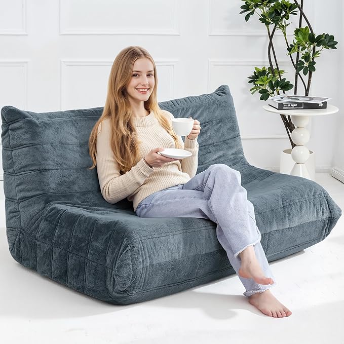 Bean Bag Loveseat Chair Big Sofa Beanbag Chair for Adults Fireside Chair Bean Bag Lounger with Memory Foam Filled for Home,Apartment or Gaming Venue（Grey Plush）