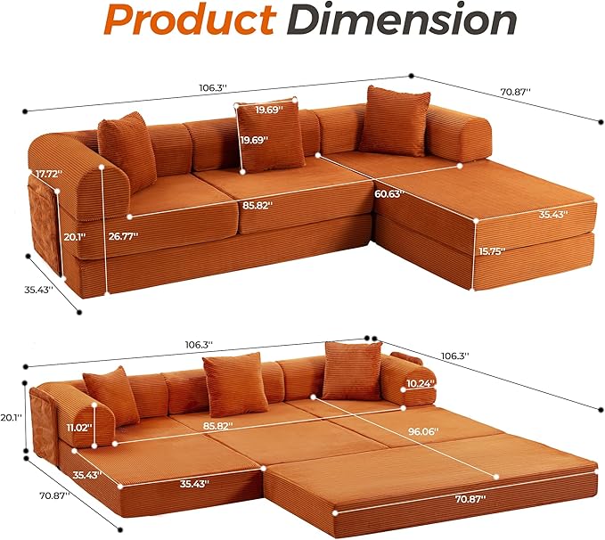 106.3" Oversized Convertible Sleeper Sofa Bed, L Shape Modular Sectional Cloud Sofa with Fixed-Shape Frame, Boneless Couch with Storage Pocket for Living Room, No Assembly Required, Orange