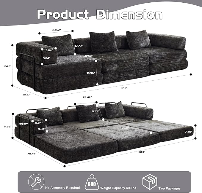 6-in-1 Folding Convertible Sofa Bed, 118 Inch Boneless Couch with Fixed-Shape Frame, Chenille Sleeper Sofa with Pull Out Bed, Floor Sofa Modular Futon Couches for Living Room Bedroom Lounge (Black)