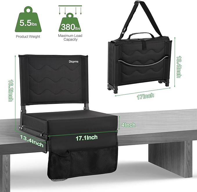 Stadium Seats for Bleachers with Back Support,Bleacher Chairs with Back and Cushion,Bleacher Seats, Portable Stadium Seats, Thick Padded Folding Chair, Comfort for Sports Events, Black 2pcs