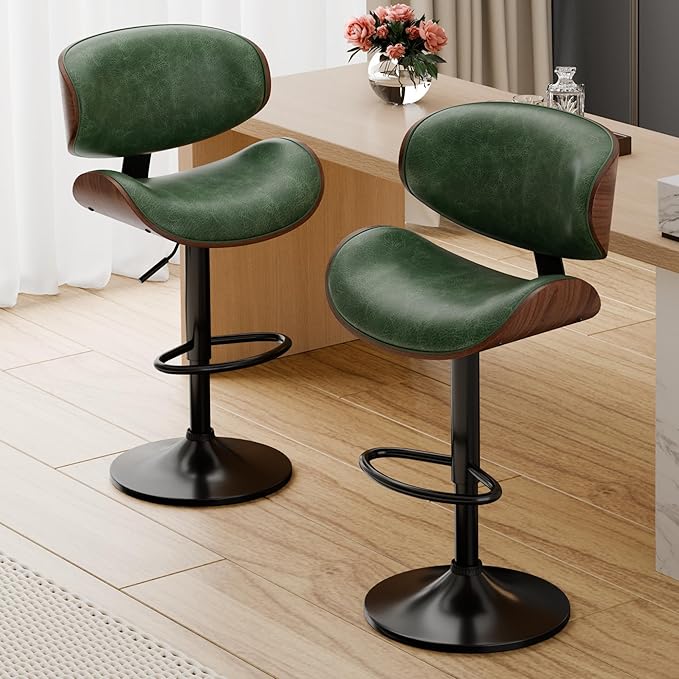 Aowos Bar Stools Set of 2, Adjustable Swivel Leather Bar Stools for Kitchen Island, Mid Century Modern Counter Height Bar Chairs Barstools with Back & Footrest (Green)