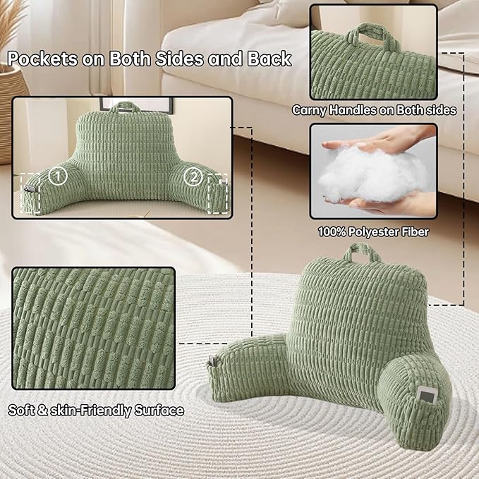 PAJEO Reading Pillow for Sitting in Bed, Large Backrest Reading Pillow with Arm Rest,Back-Rest Support Cushion for Sit Up on Couch, Sofa, and Floor, Dorm Essentials (Green Corduroy, Standard(17"))