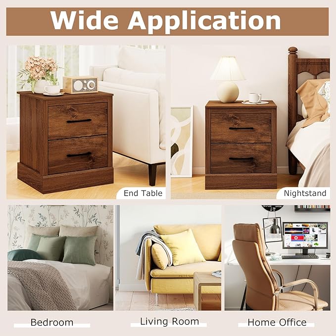 SIMOE Walnut Farmhouse Nightstand Set of 2, Wooden Bedside Table with 2 Storage Drawers, Compact Floor-Standing Night Stand, Accent Sofa Side Table for Bedrooms