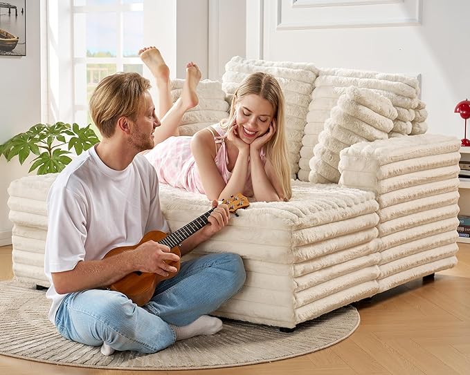Jocisland 58-Inch Chaise Lounge, Complete with Cozy Throw Pillows, Upholstered Sofa Bed with Armrests, Plush Sleeper Bed for Living Room, Off-White