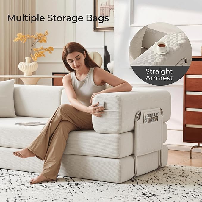 Carzzi-Life 79" Convertible Sofa Bed with Pillows, Corduroy Folding Sleeper Sofa with Fixed-Shape Frame, Boneless Couch for Living Room Bedroom, Floor Sofa Lounge No Assembly Required (Beige)