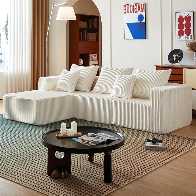 102" Sectional Couches for Living Room,Boneless Cloud Couch,L-Shaped Sofa with Oversized Deep Seat,Comfy Couch for Apartment,Compressed Sofa in a Box,No Assembly Required(Corduroy,Beige)