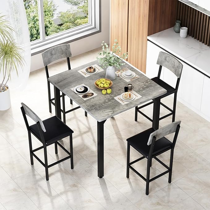 AWQM 5-Piece Dining Table Set, Dining Table Set for 4, Counter Height Table & 4 Bar Stools, Modern Kitchen Dining Set, with Upholstered Chairs, Compact Dining Set for Small Spaces, Gray