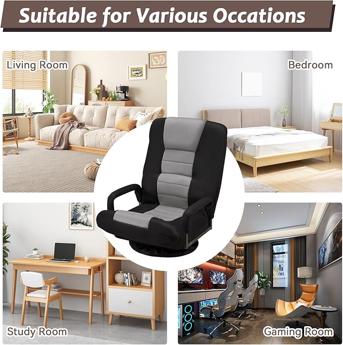 360° Swivel Chair 6 Adjustable Positions Backrest with Armrest Foldable Floor Chairs Suitable for Reading, Relaxing, Mediation,Grey