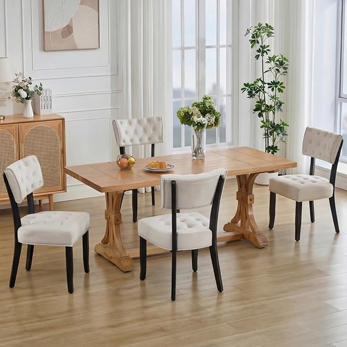 UVV Upholstered Dining Chairs Set of 4, Mid Century Modern Tufted Kitchen Chairs Dining Room Chairs, Velvet Dinner Chair with Wood Legs for Dining Room Kitchen, Beige-Black Legs