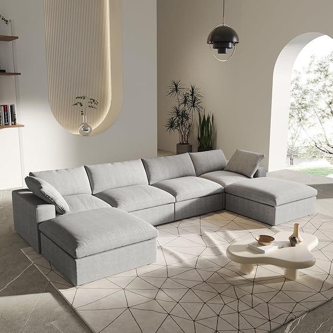 U-Shaped Cloud Sectional Couch, Oversize Modular Sofa, Modern Comfy Cloud Sofa with Storage Ottomans, Covers Removable, Convertible Sleeper Couch for Living Room Apartment (Light Grey, Linen Fabric)