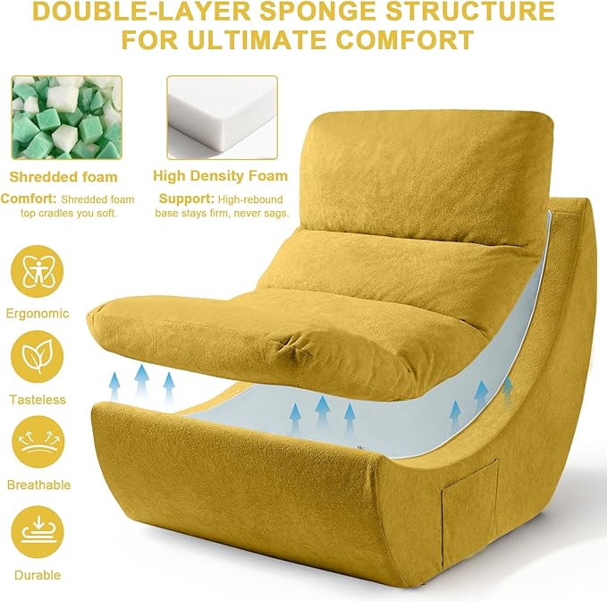Comfy Reading Chair for Adults, Modular Sectional Sofa Bean Bag Chair, Cloud Boneless Couch Style with High Rebound Foam, Single Seat Compressible Sofa for Living Room & Bedroom, Yellow