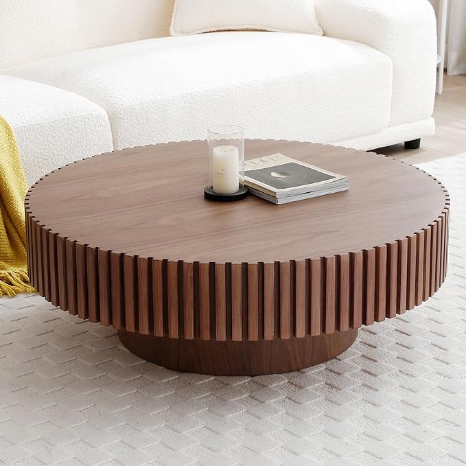 39.37'' Walnut Round Coffee Table for Apartment, Modern Living Room Coffee Table with Sturdy Pedestal,Easy Assembly