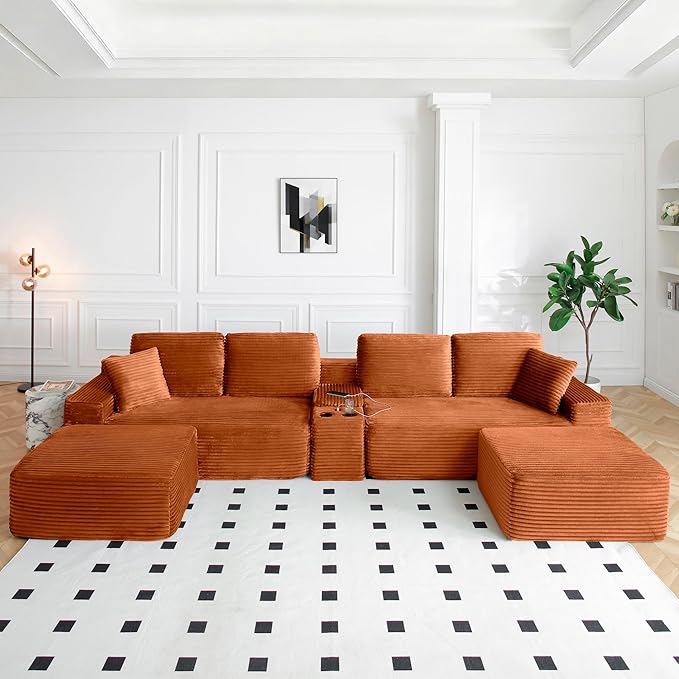 125” Oversized Modular Sectional Sofa, Deep Seat Corduroy Cloud Couch with Cup Holders, USB Ports & Storage Box, Sleeper Sofa Couch Boneless Couches for Living Room, No Assembly Required (Orange)